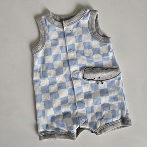 Carters Blue and White Checkered Baby Romper Whale Applique NB